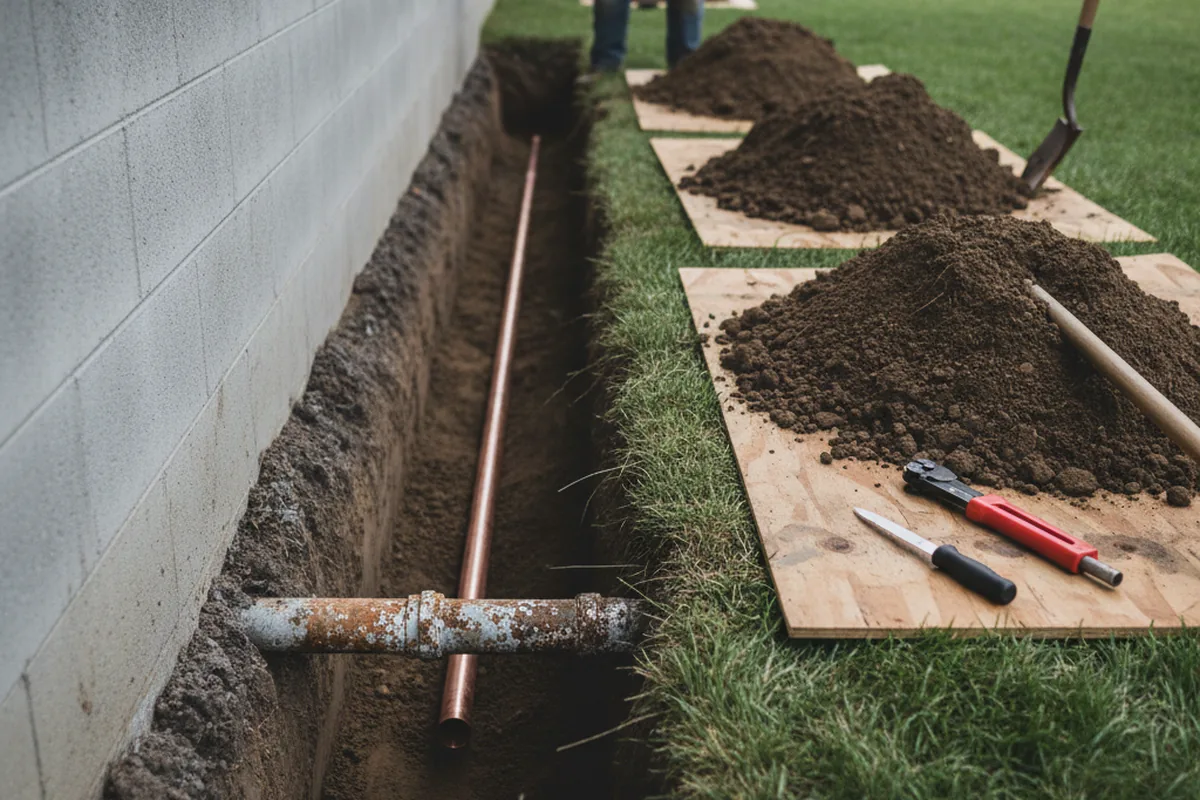 Excavated water line trench during Water Softener Installation in Willington